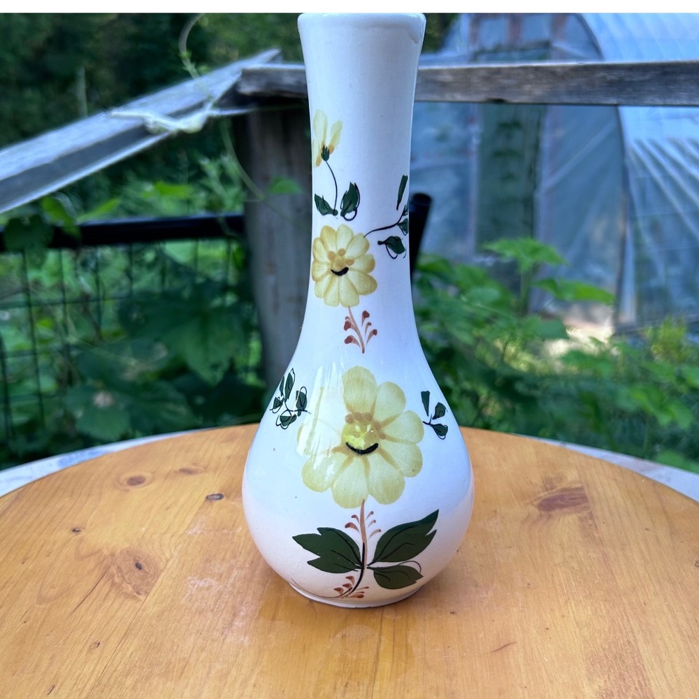 Vintage Ceramic Floral Bud Vase Whit Yellow Hand Painted 70s Portugal FTDA Secla